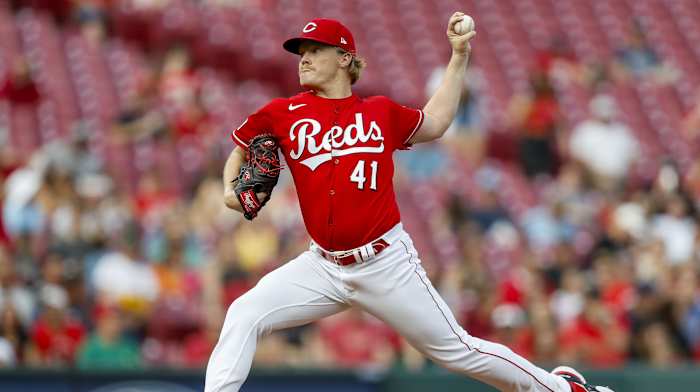 Cincinnati Reds starting pitcher Andrew Abbott (41) pitches against the Milwaukee Brewers in the first inning at Great American Ball Park.